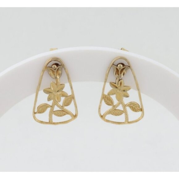 14k Yellow Gold Flower Floral Design Earrings Stud Post 3/4" x 1/2" - Picture 1 of 10